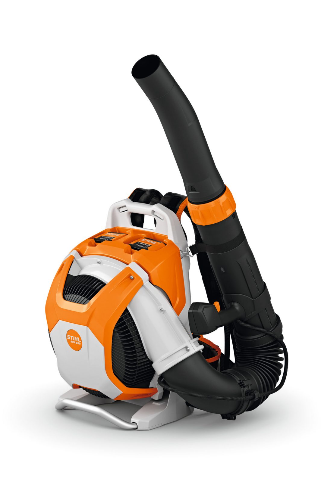 The Stihl BRA 600.0 (AP) Backpack Blower has an orange, black, and white design with a large air nozzle and padded straps.