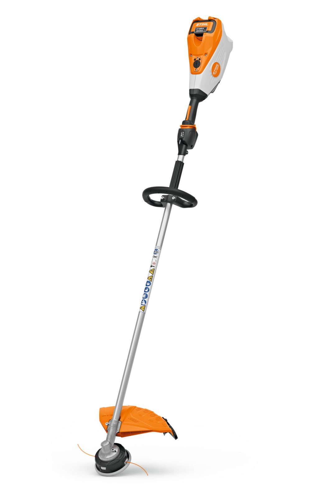 A cordless orange and white strimmer with a straight metal shaft, circular handle, and orange cover over the cutting head.