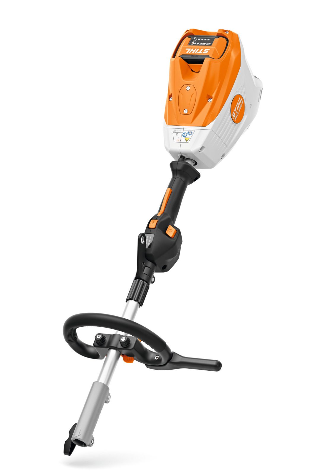 A battery-powered STIHL garden tool with an orange and white motor housing, ergonomic handle, and black control grip for garden work.