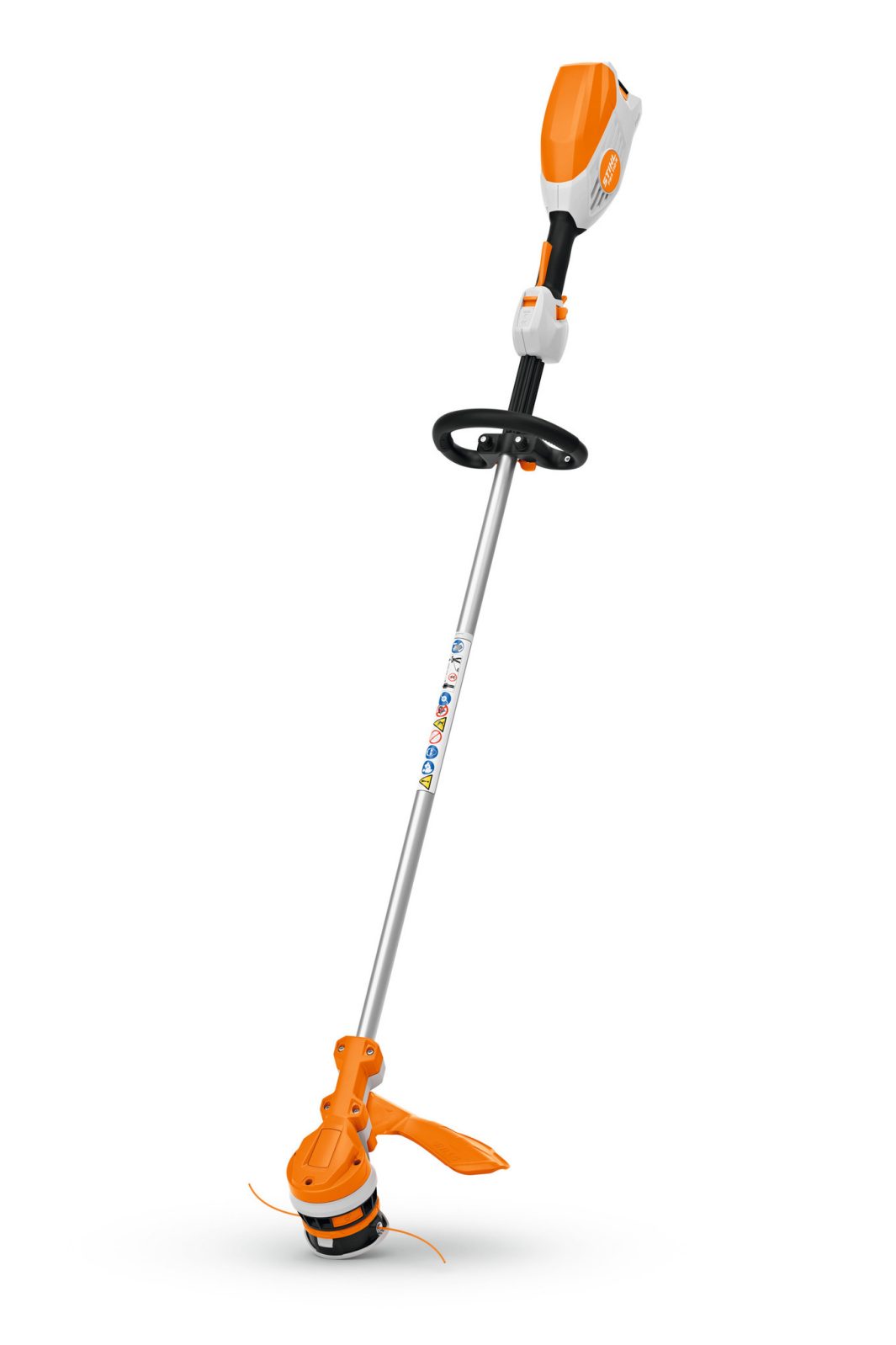 A cordless orange and white strimmer with a loop handle, straight shaft, battery pack, and cutting line on a plain white background.