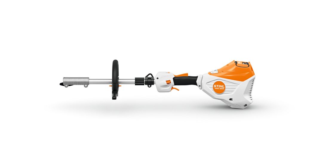 A Stihl battery-powered garden tool featuring an orange and white body, black handle, and circular grip, isolated on a white background.