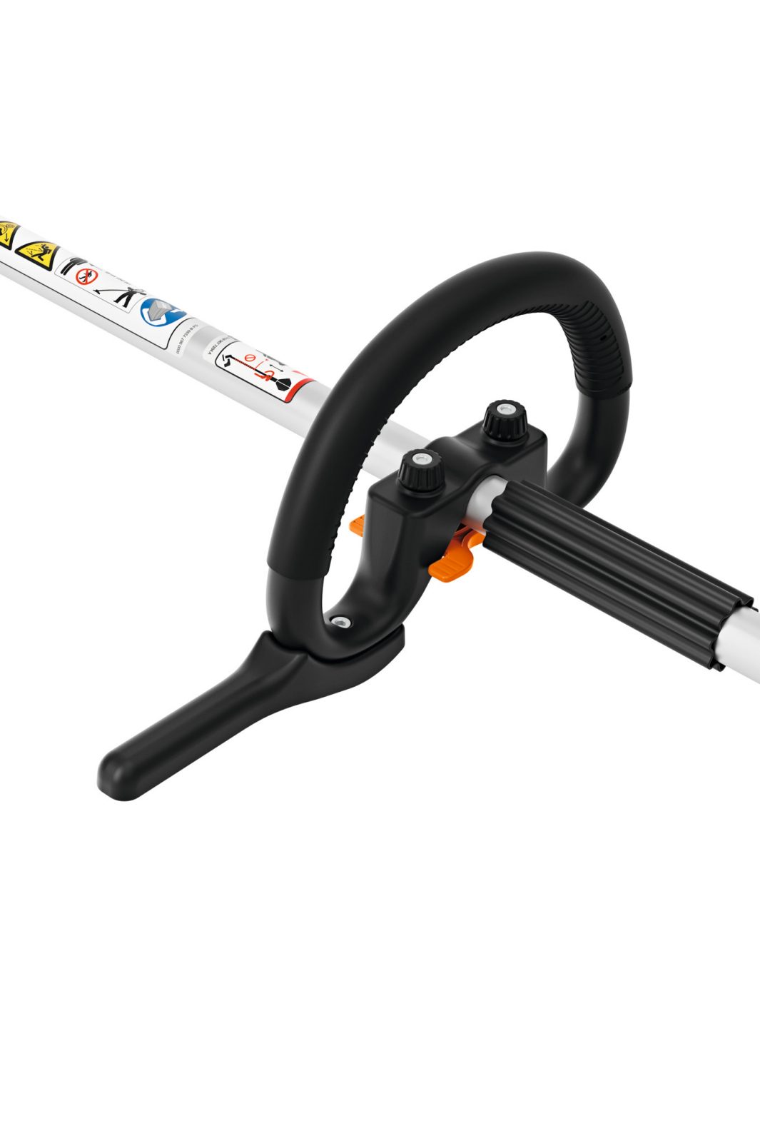 Close-up of a black handle and grip on a gardening or power tool shaft, with adjustment knobs, an orange lever, and safety labels.