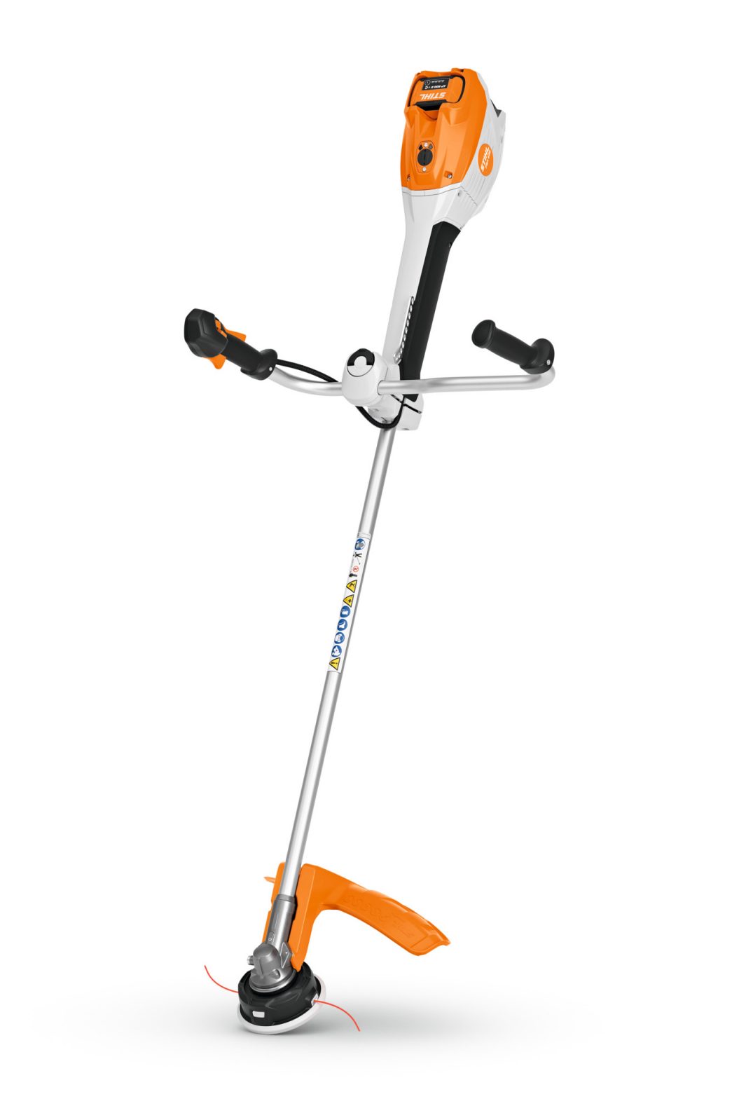 A cordless orange and white brushcutter with ergonomic handles, a long metal shaft, and a protective orange guard near the cutting head.