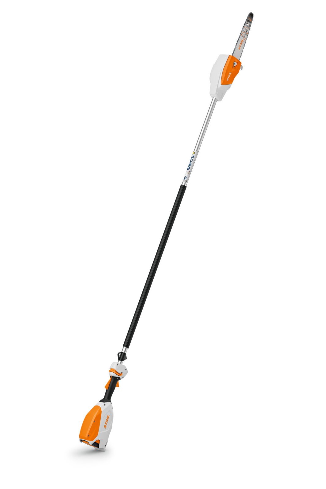 A battery-powered pole saw with an orange and white motor housing, a telescopic pole, and a small chainsaw for trimming high branches.