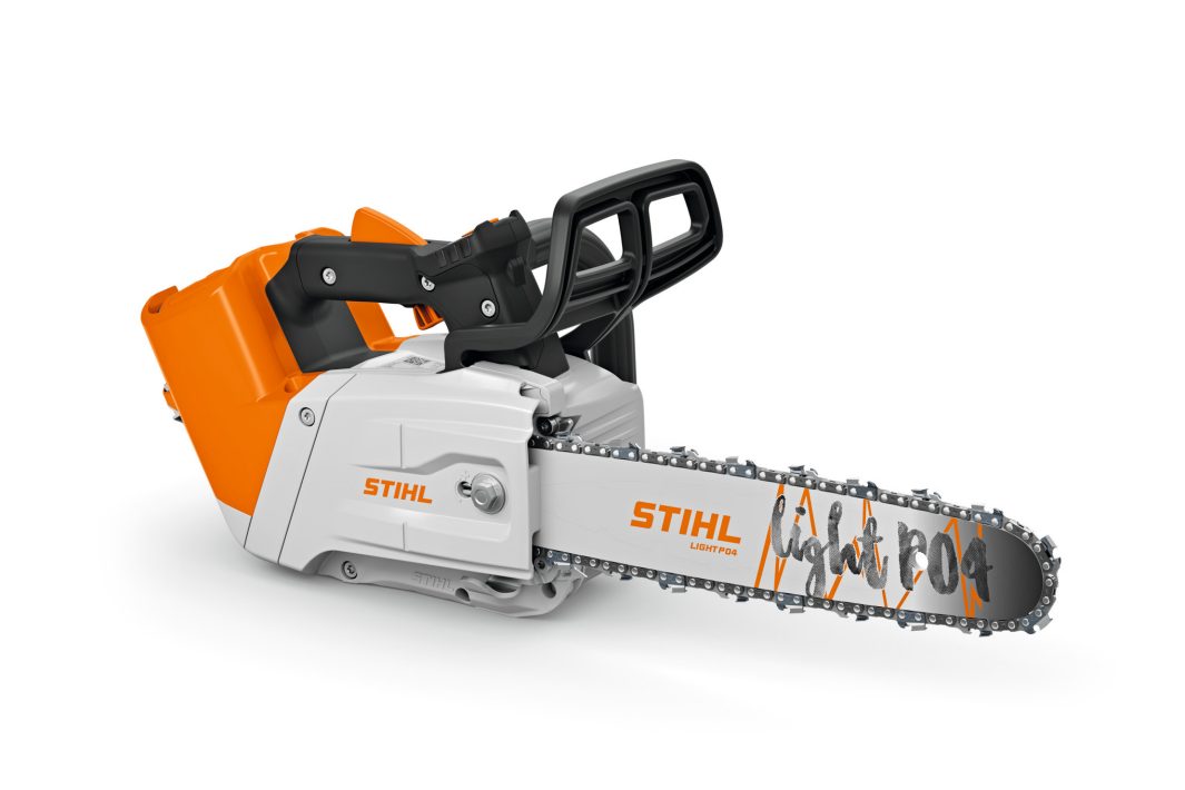 A STIHL electric chainsaw with an orange and white body, black handle, and a silver guide bar. The tool rests on a white background.