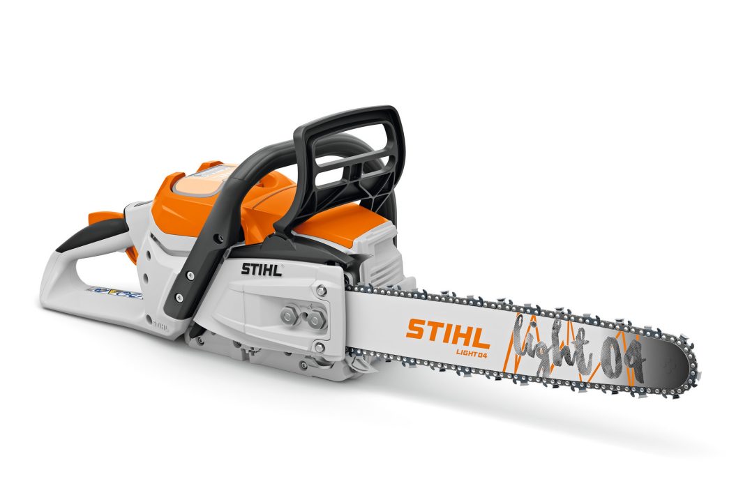 A STIHL chainsaw with an orange and white body, black handle, and long metal cutting bar with chain on a white background.