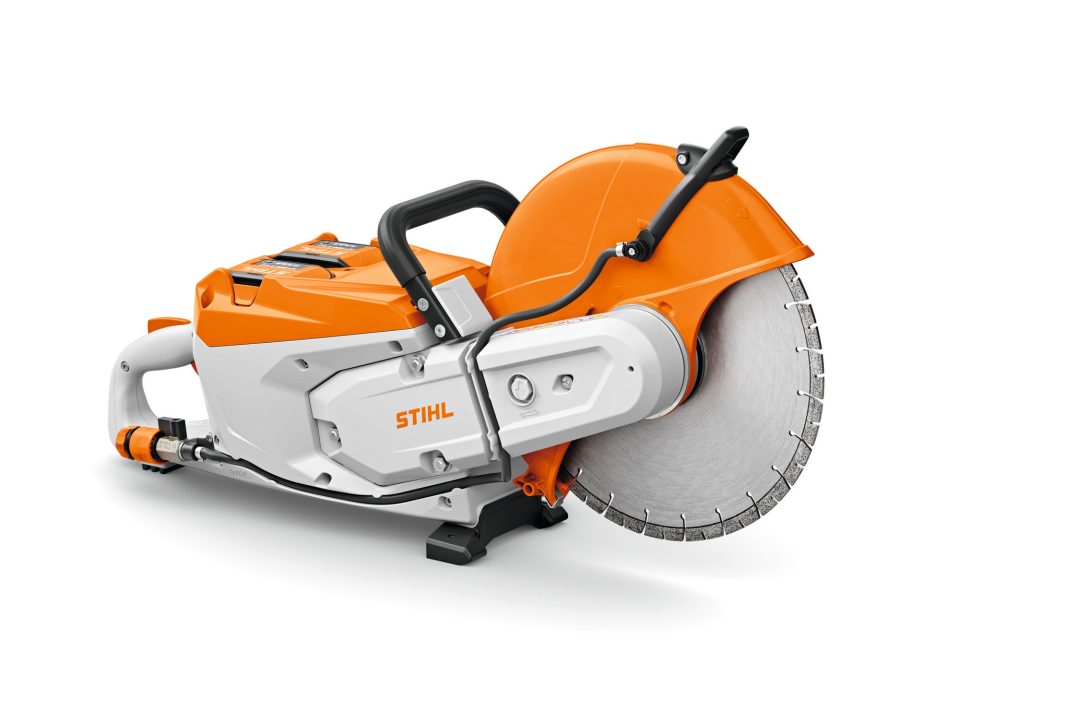 An orange and white power cut-off saw with a large circular blade and a black handle, displayed on a white background.