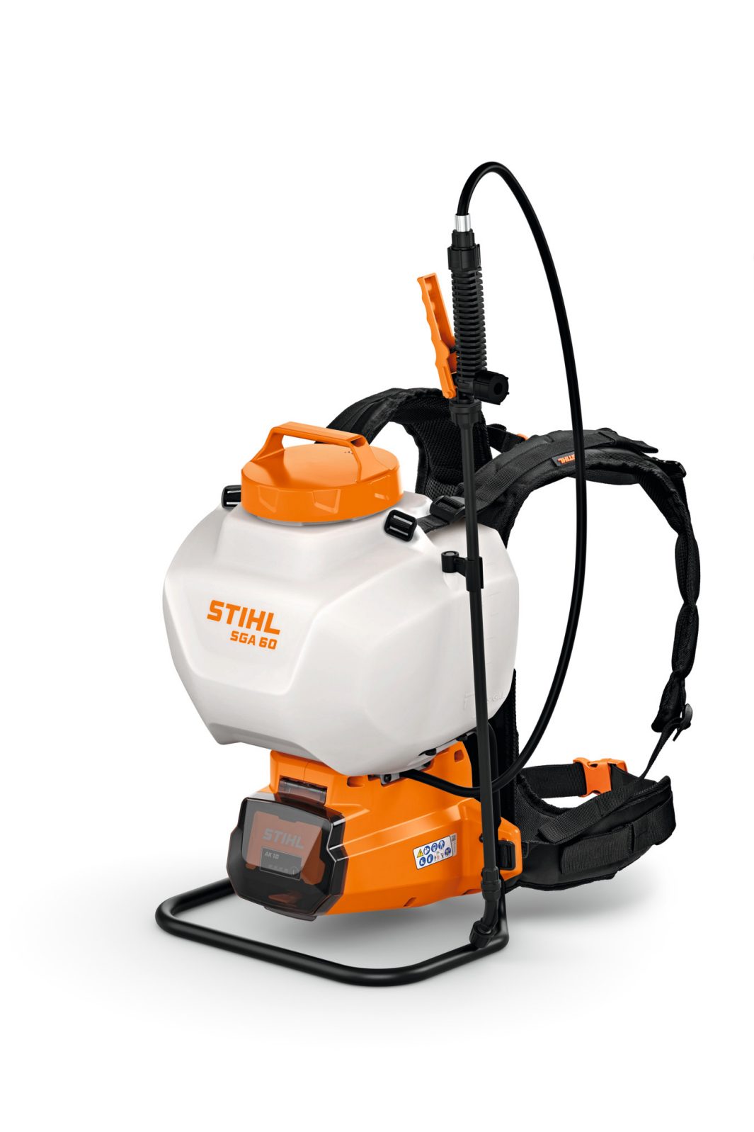 A STIHL SGA 85 battery-powered backpack sprayer with orange and white tank, black hose and nozzle, padded straps, metal frame.