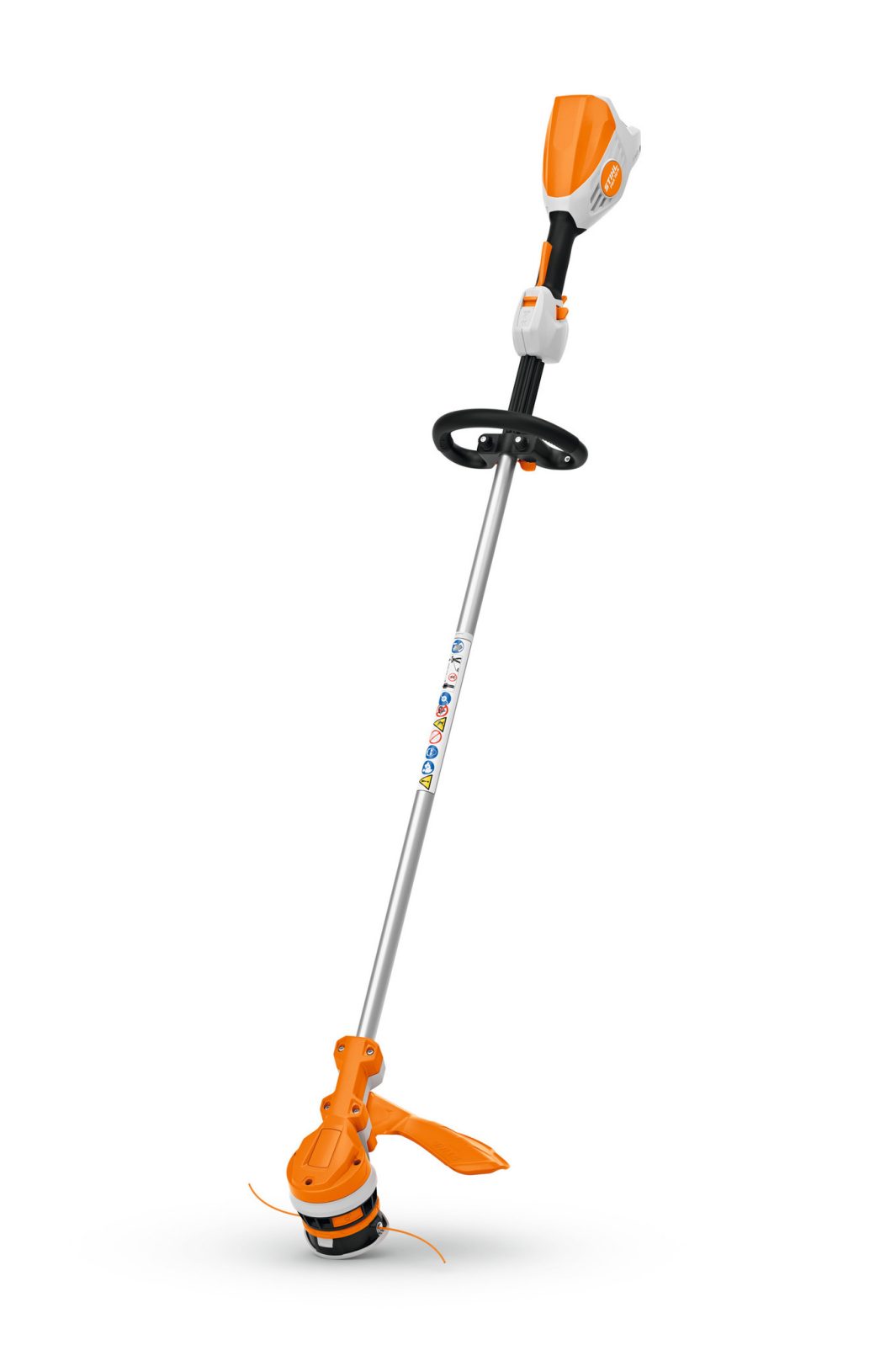 A cordless orange and white strimmer with a long silver shaft, loop handle, and top battery pack for lawn and garden edging.