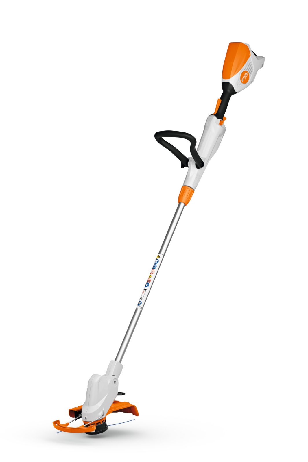A white and orange cordless strimmer with a long handle, auxiliary grip, and guard, shown against a plain white background.