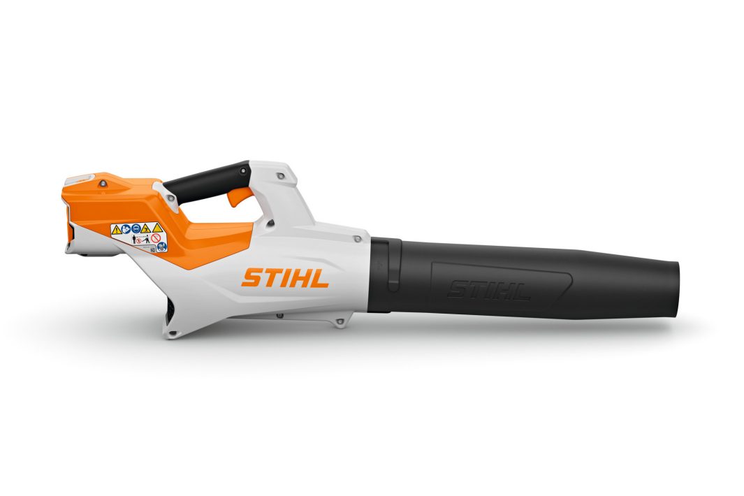 A white, orange, and black STIHL handheld leaf blower with a streamlined design and a black nozzle, displayed on a white background.