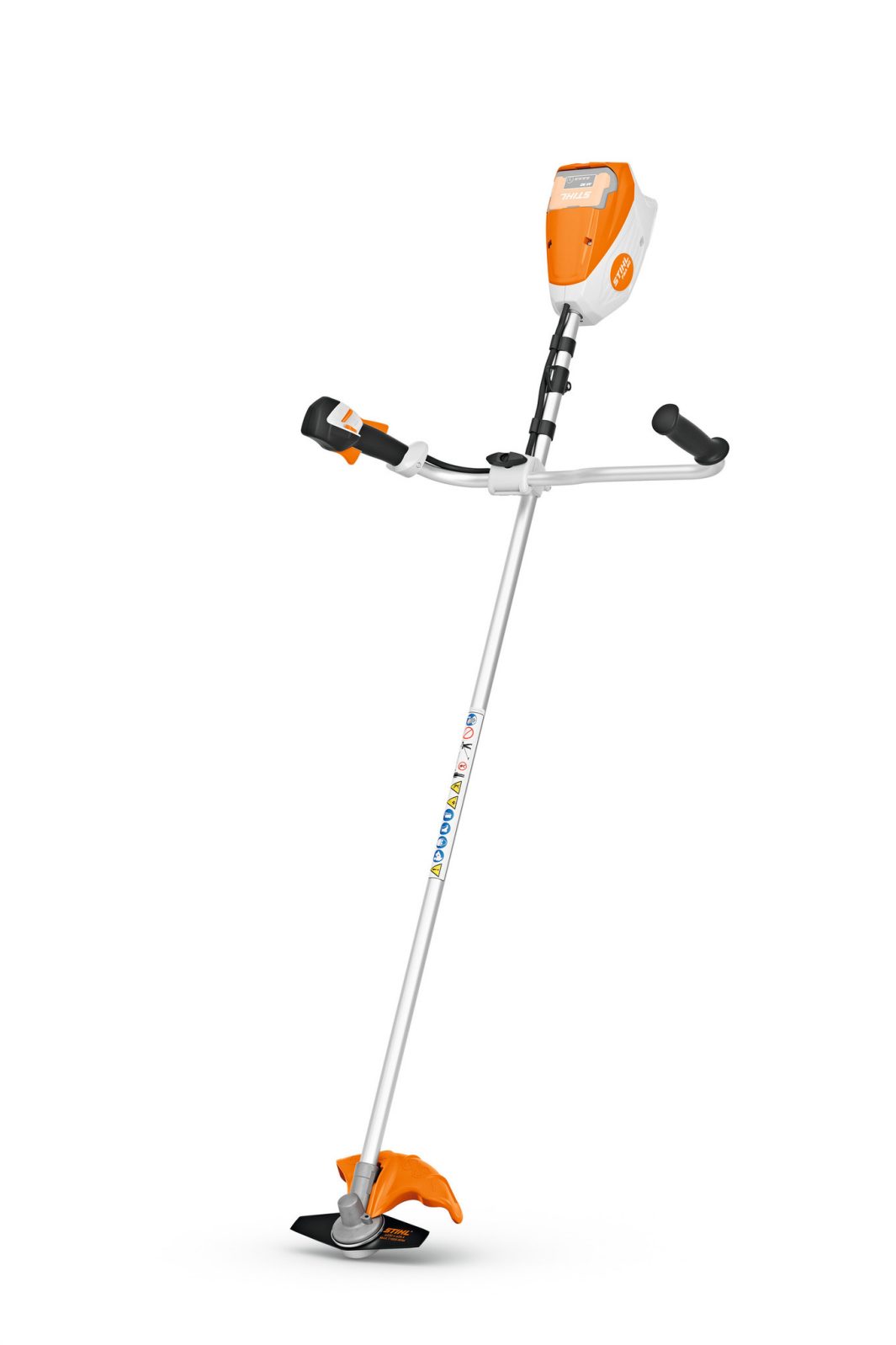A battery-powered brushcutter with a long silver shaft, black and orange handles, and an orange motor. White background.