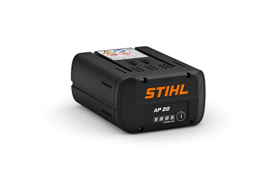 A black STIHL AP 20 battery pack with orange branding and a charge level indicator on the front, on a white background.