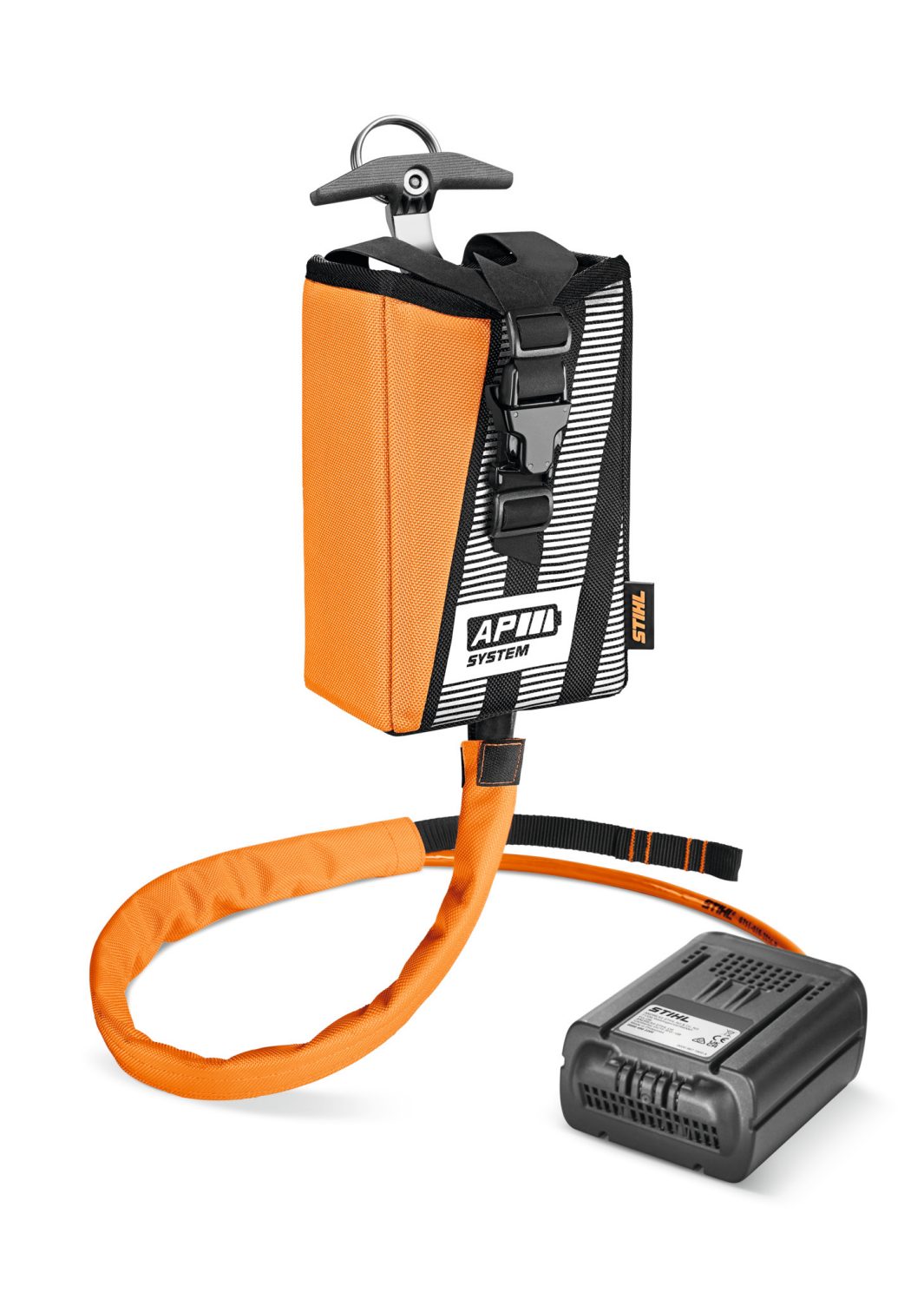 An orange battery harness with a strap and buckle is shown alongside a black rechargeable battery.