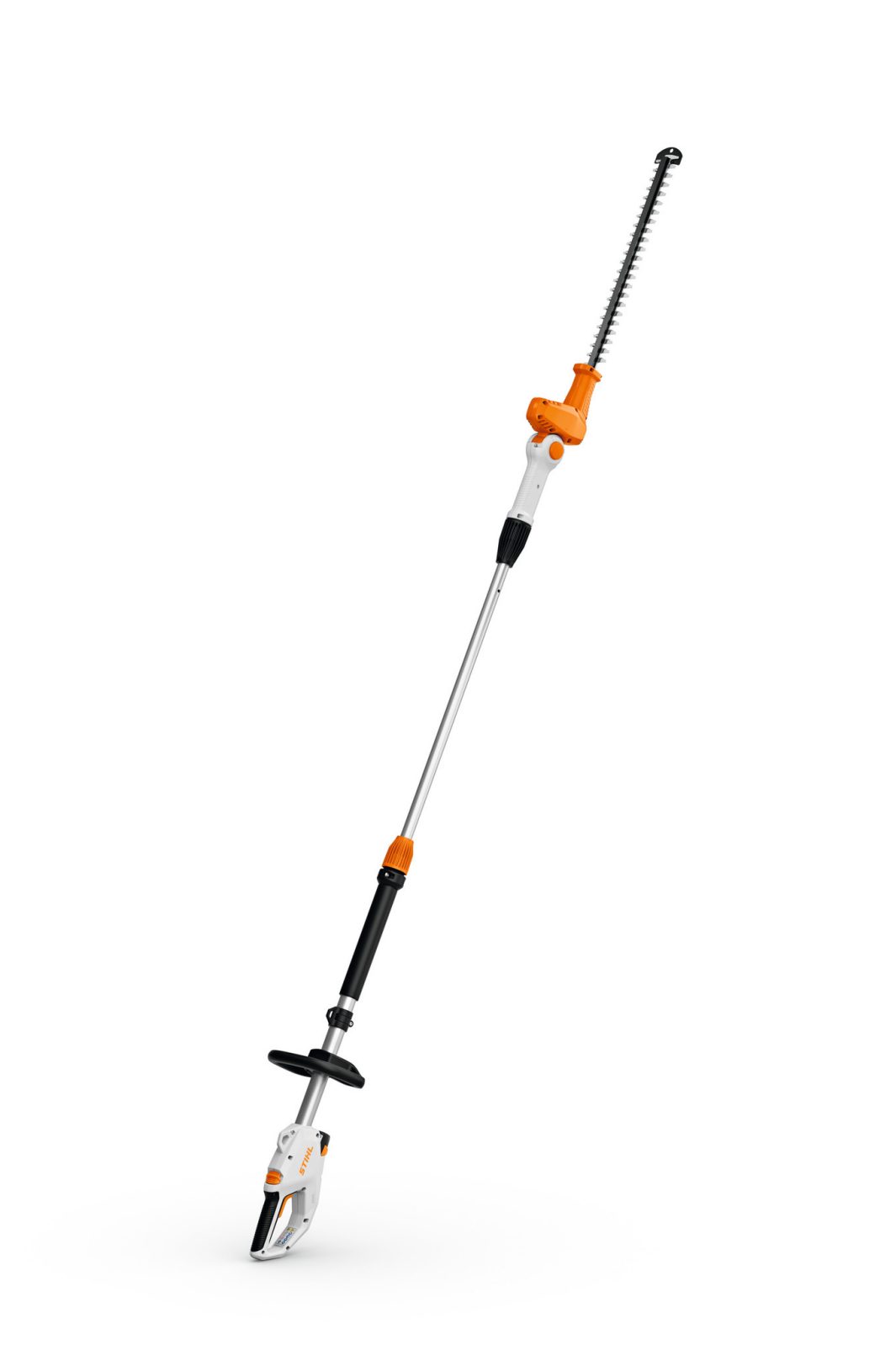 A long-handled orange and white cordless hedge trimmer with adjustable pole, ergonomic handle, and blade stands upright on white background.