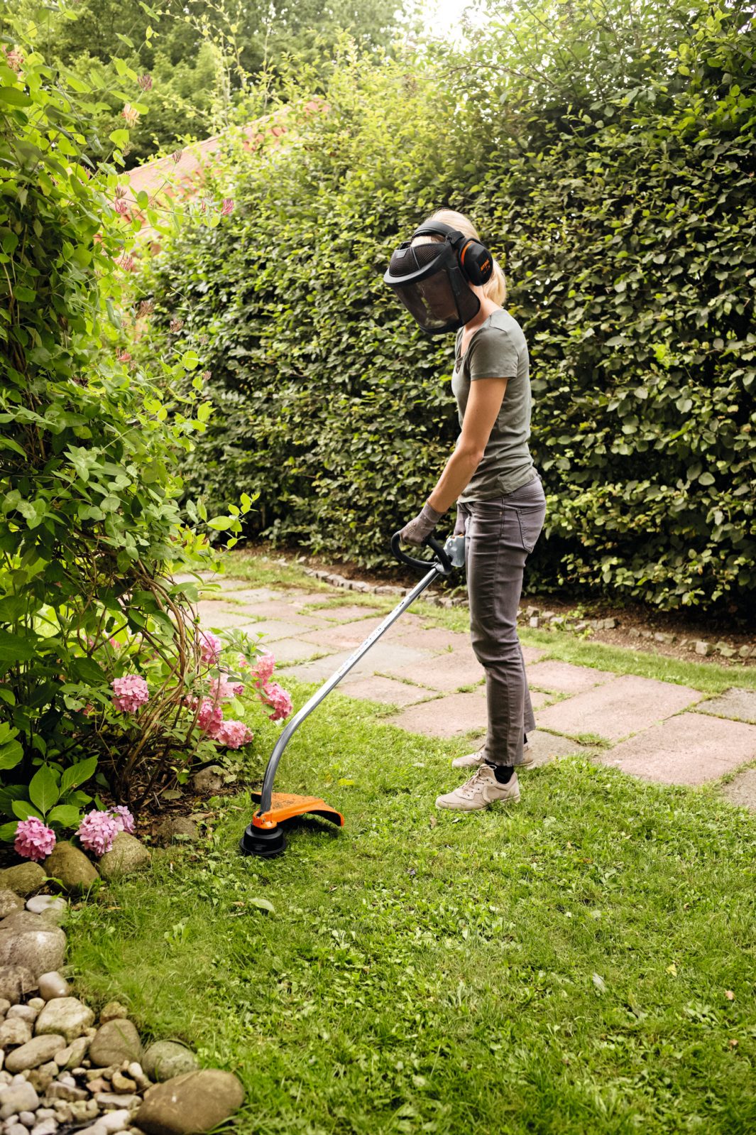 Wearing a face shield, gloves, and ear muffs, a person trims grass near flowering shrubs in a garden with a Stihl FS 38 brushcutter.
