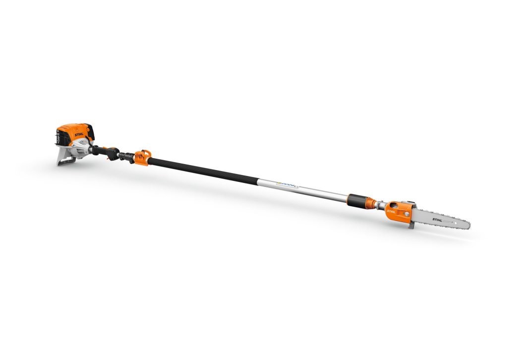 The Stihl HT 105 Pole Pruner 30cm/12" is a long orange and silver pruner for trimming high tree branches with its chainsaw blade.