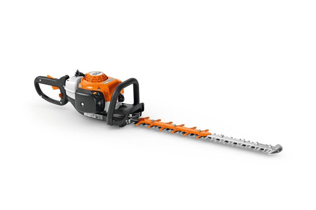 The Stihl HS 82 RC-E Hedge Trimmer on a white background, in orange and silver with black handles and a 75cm blade.