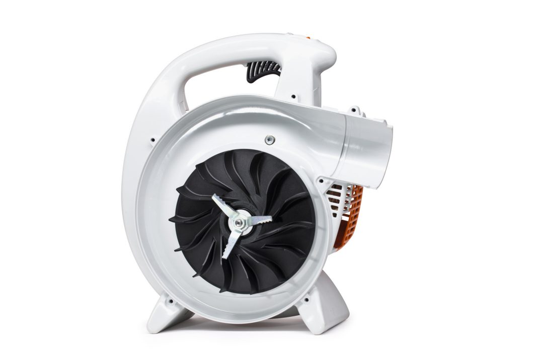 The Stihl SH 56 Shredder/Vacuum is a handheld blower with a black fan and white housing, shown upright on a white background.