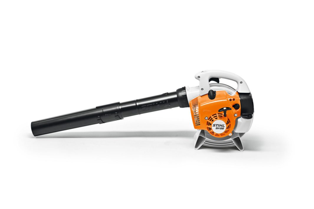 A Stihl SH 56 Shredder/Vacuum leaf blower with an orange and white body and a long black nozzle on a white background.
