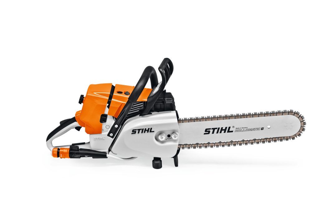 A Stihl GS 461 Concrete cutter with an orange and white body and a silver blade is displayed on a white background.
