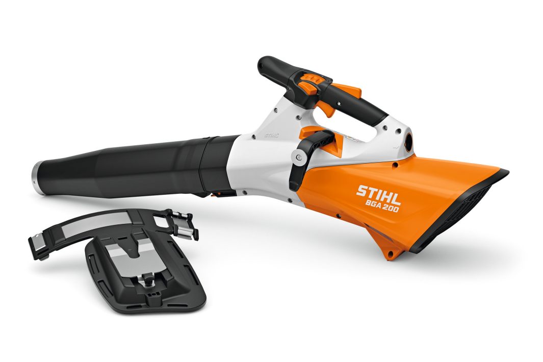 The Stihl BGA 200 (AR) Handheld Blower with harness, in orange, white, and black, is shown with its accessories on a white background.