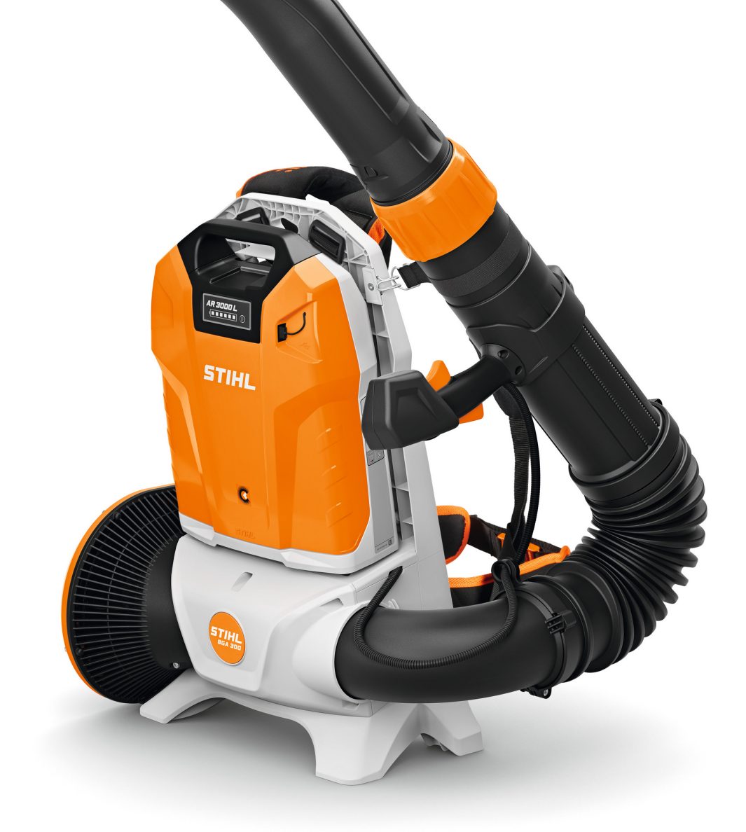 The Stihl BGA 300.1 (AR) Backpack Blower features orange and white colours, padded black straps, and a flexible black hose for garden work.