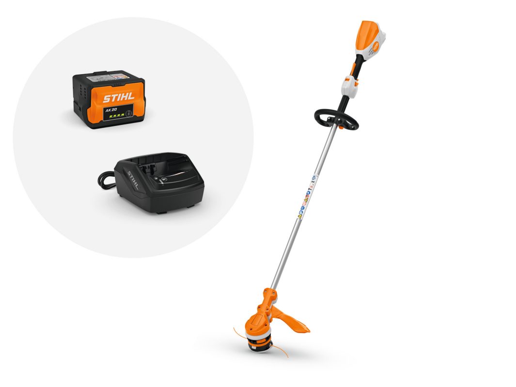 The Stihl FSA 70.0R Brushcutter SET is a battery-powered orange and white strimmer, AK20 battery, and AL101 charger on white.