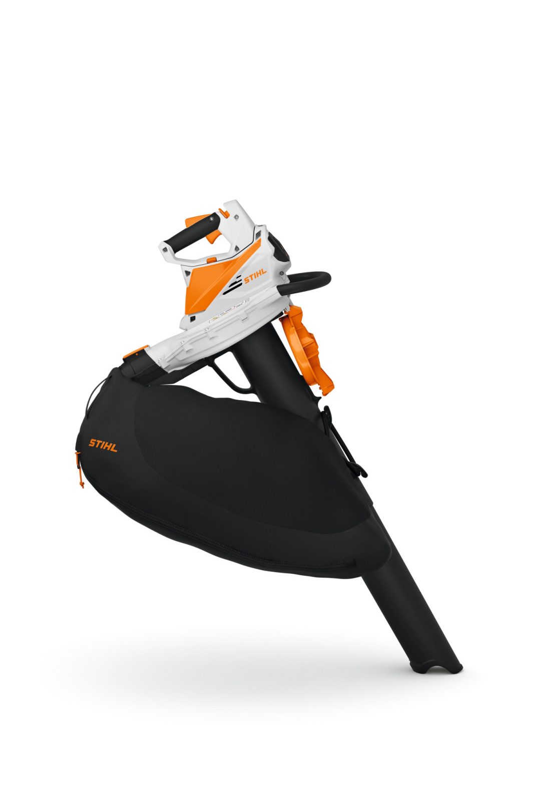 The Stihl SHA 56 Blower/Vac KIT in white, orange, and black with a large black bag is shown on a plain white background.