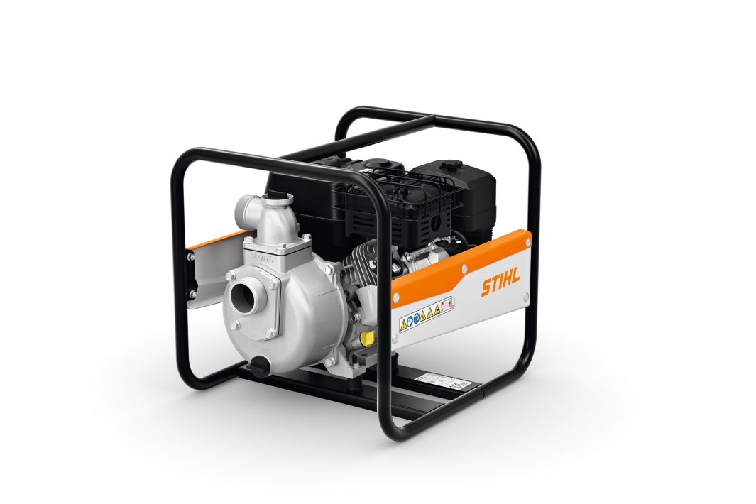 The Stihl WP 300.0 (RoW) Water Pump features a sturdy metal frame, large intake valve, engine, and orange accents on white.