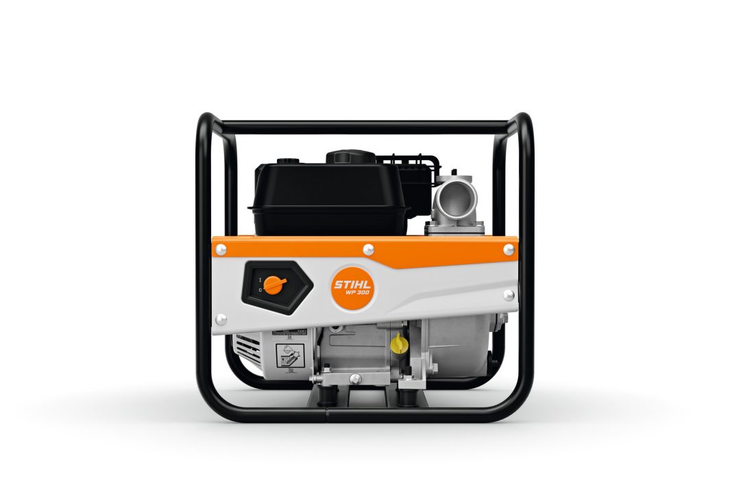 The Stihl WP 300.0 (RoW) water pump with orange and white exterior, black frame, and control knob is shown on a white background.