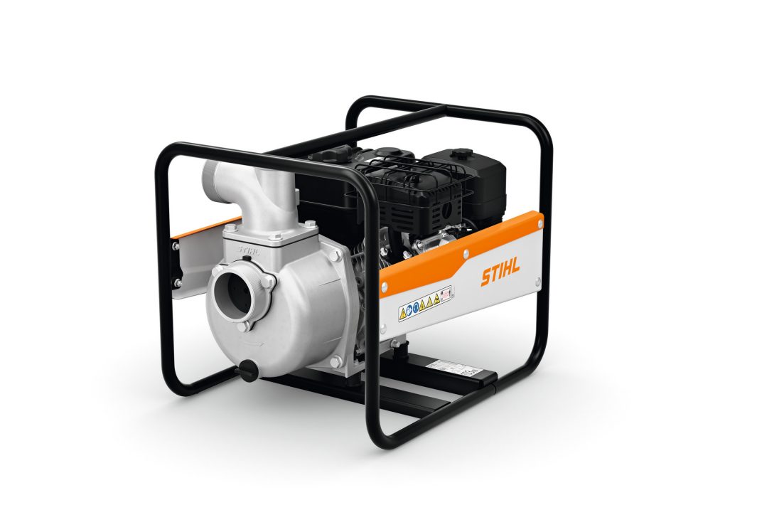 A Stihl WP 600.0 (RoW) water pump with a metal frame, orange and white accents, and visible engine on a white background.