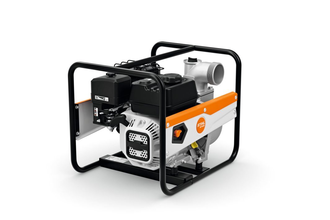 The Stihl WP 600.0 (RoW) Water Pump has a black engine in a protective frame with orange and white accents on a white background.