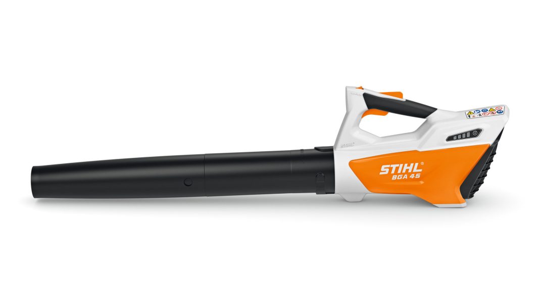 The Stihl BGA 45 (AI) Handheld Blower has an orange and white body, black nozzle, built-in handle, and visible battery indicator.