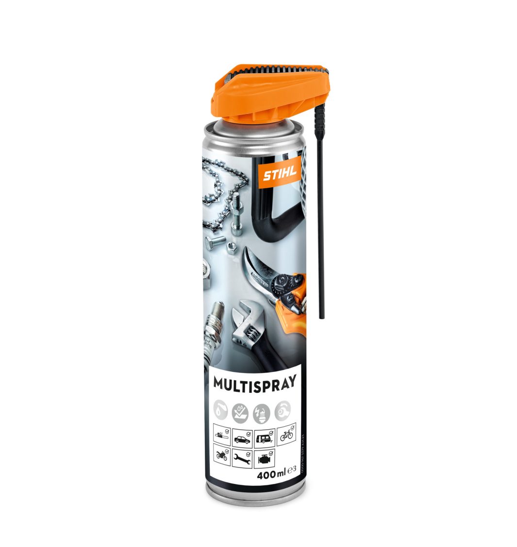 A 400ml can of Stihl MultiSpray with an orange nozzle, tool and chain images on the label, and icons for multiple uses.