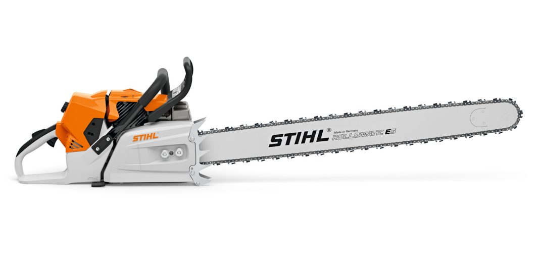 A Stihl MS 881 90cm/36" chainsaw with an orange and white body and long silver guide bar, displayed against a white background.