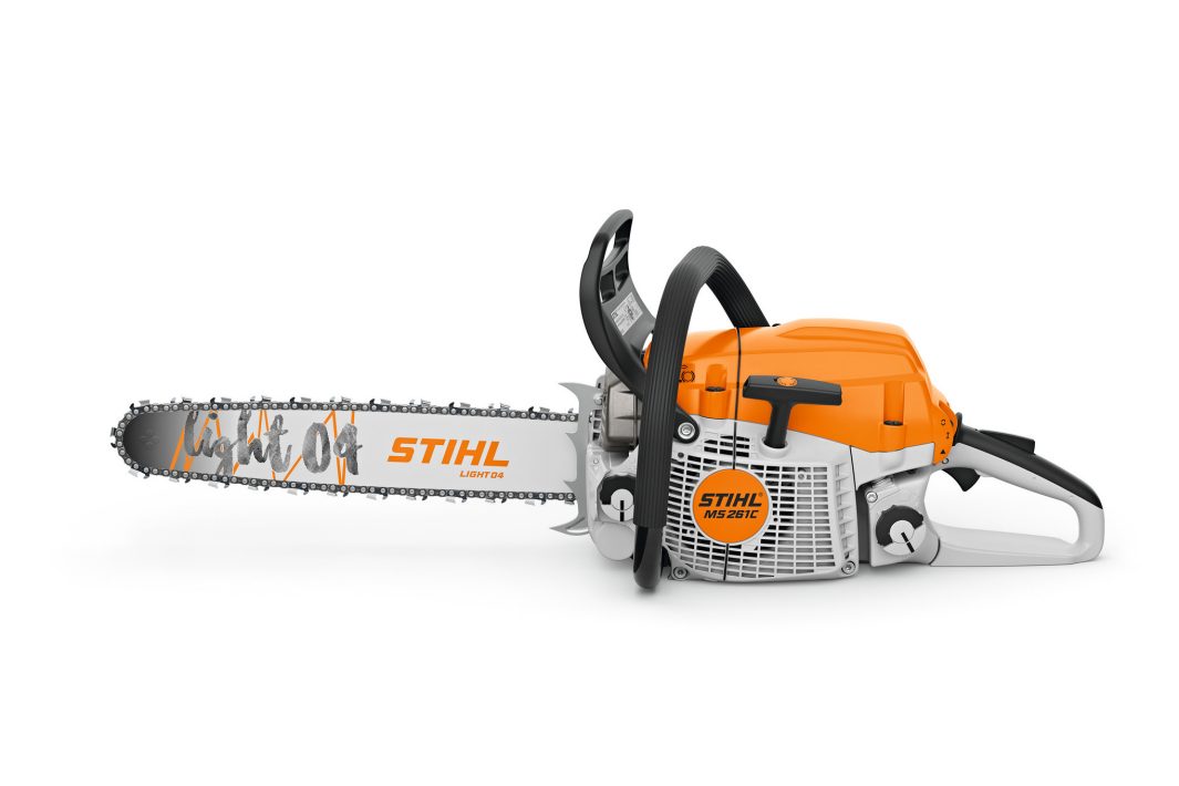 Stihl MS 261 C-M VW 40cm/16" chainsaw featuring an orange and white body, black handle, and metal cutting chain on white background.