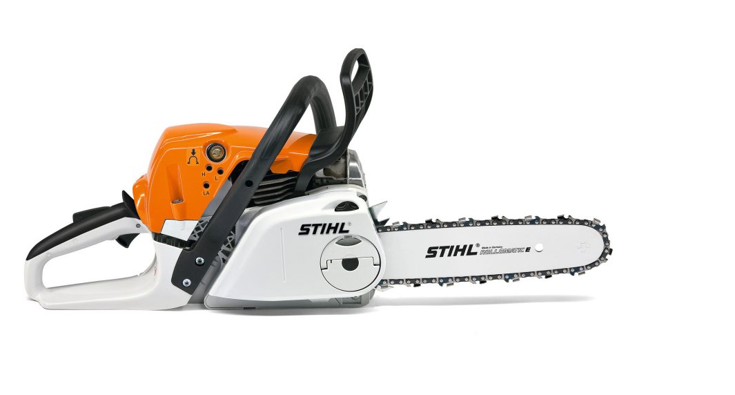 The Stihl MS 231 C-BE 35cm/14" Chainsaw has an orange top, white body, black handle, and silver chain blade on a white background.