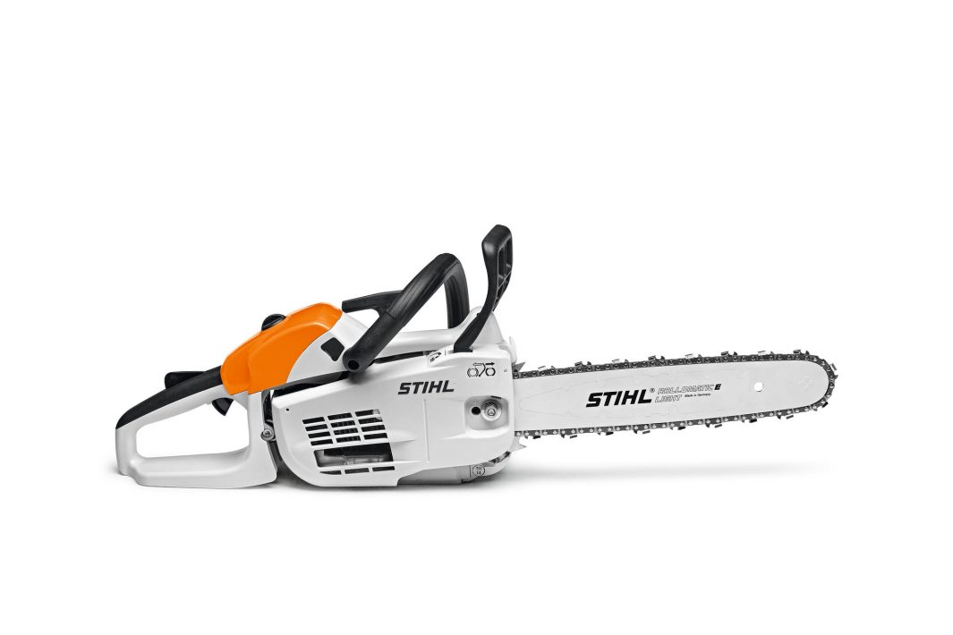 The Stihl MS 201 C-M 35cm/14" Chainsaw with an orange and white body and 35cm blade is shown on a white background.