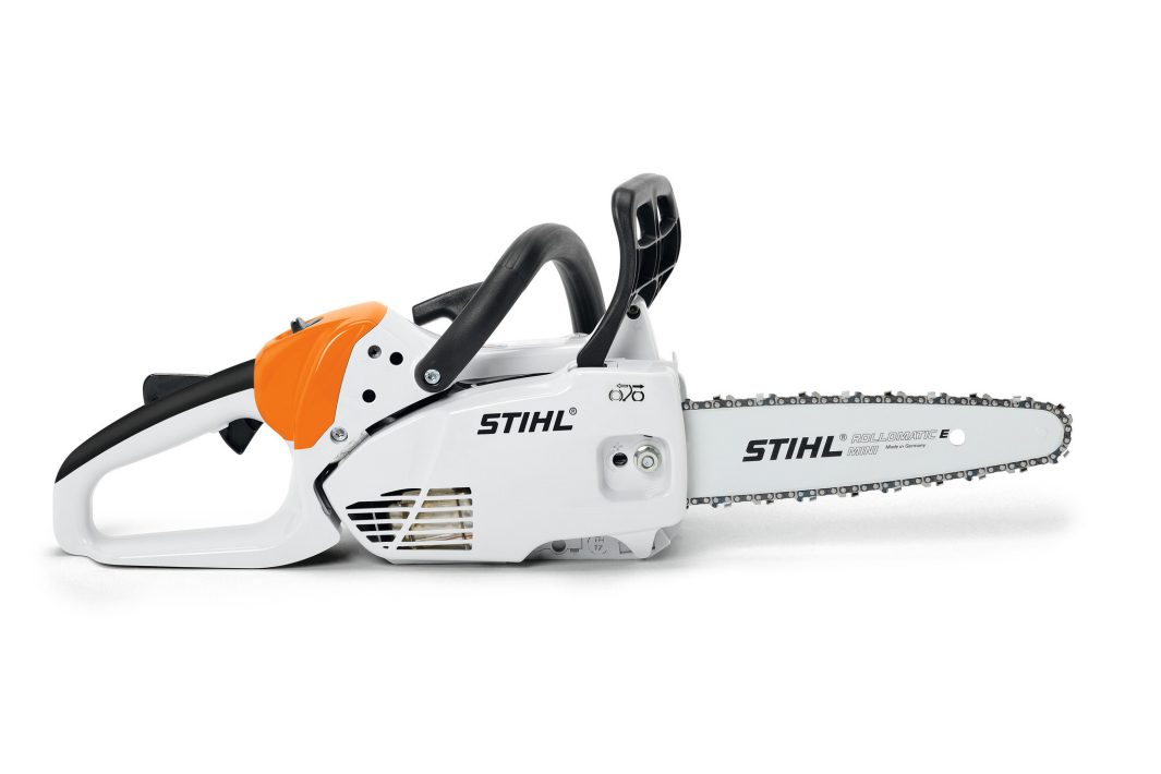 A Stihl MS 151 C-E 25cm/10" chainsaw with a white and orange body, black handles, and a silver blade is on a white background.