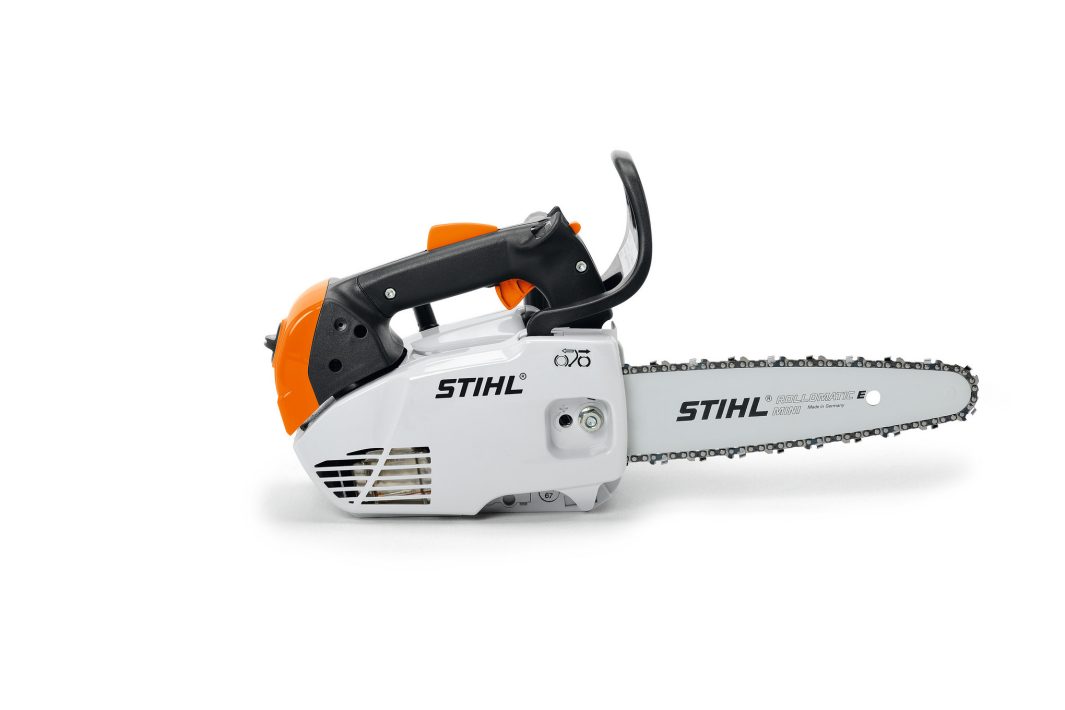 A Stihl MS 151 TC-E chainsaw with an orange and white body, black handle, and metal chain is shown against a white background.