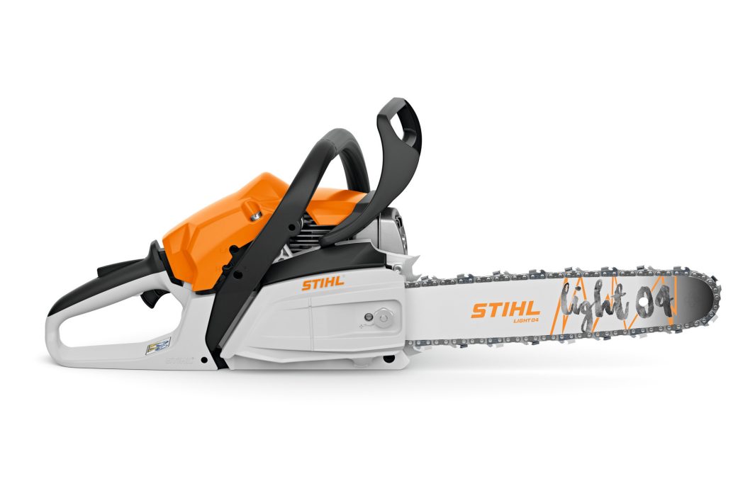 The Stihl MS 182 Chainsaw has an orange and white body, grey handle, and long silver blade, displayed against a white background.