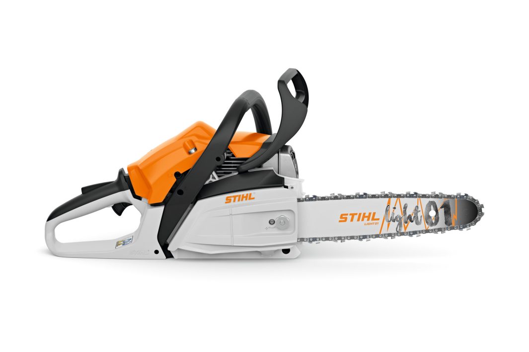 The Stihl MS 172 Chainsaw features an orange and white body, black handle, and silver blade, shown on a white background.