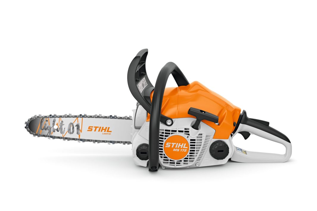 A Stihl MS 172 Chainsaw with an orange top, white base, black handle, and silver blade on a white background.