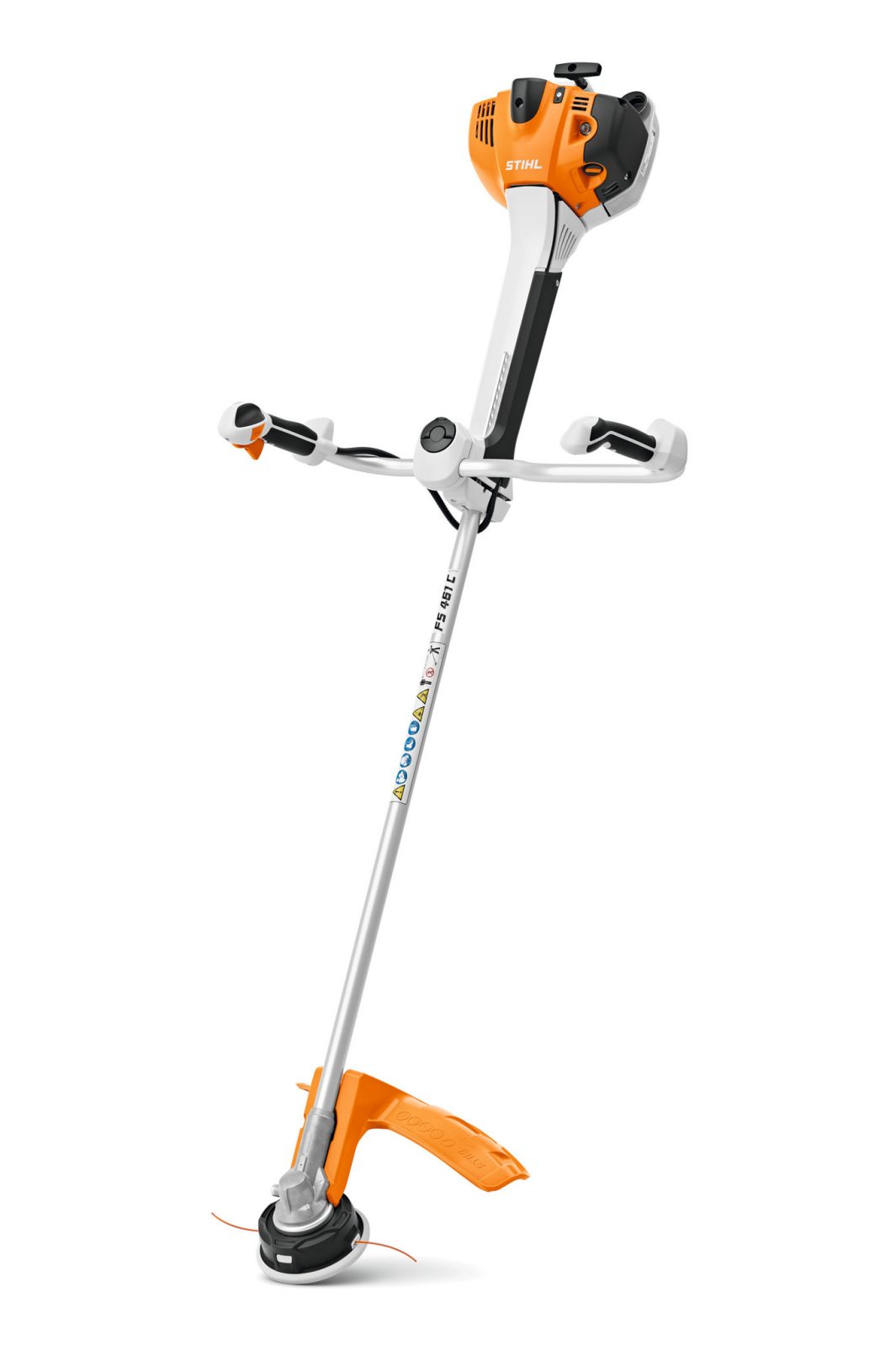 The Stihl FS 461.0 C-EM L Brushcutter features a long silver shaft, black and orange handles, and an orange and white engine.