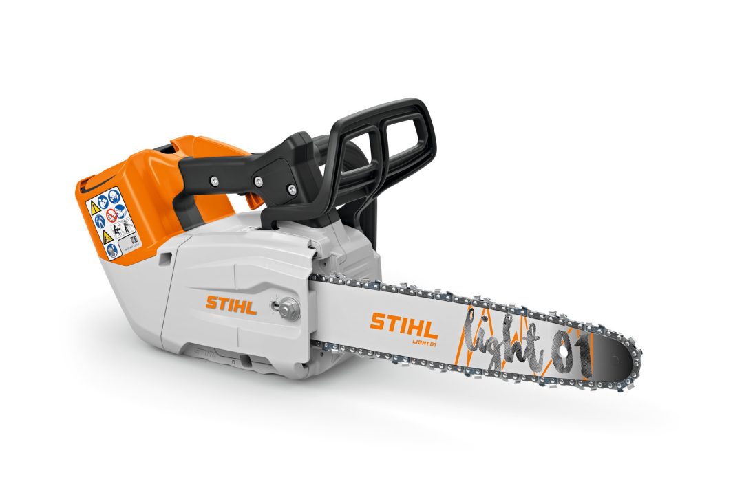 The Stihl MSA 190.0 T Cordless chainsaw has a 30cm/12" blade, orange and grey body, black handle, and safety labels on the side.
