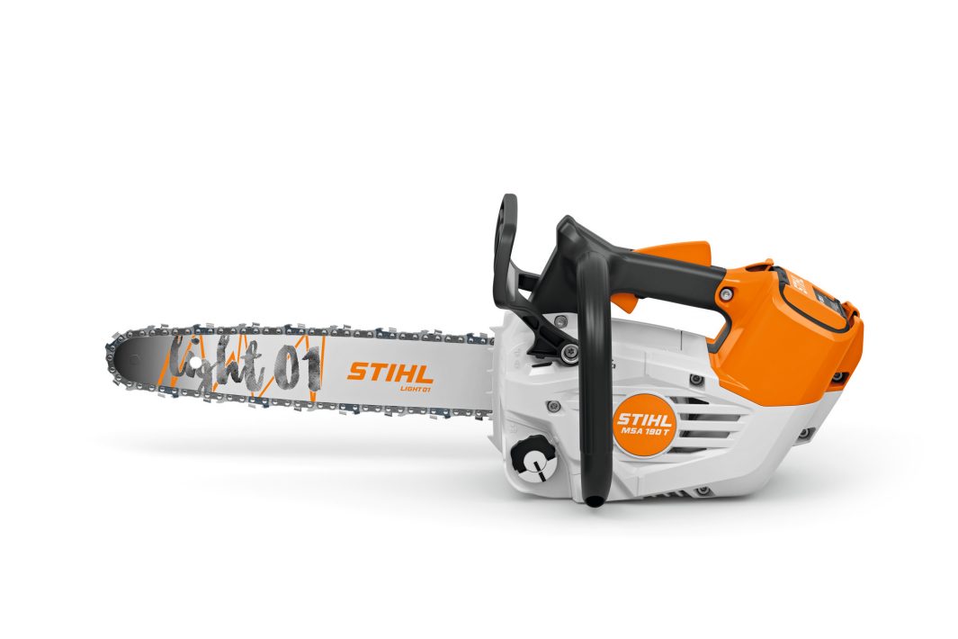 A Stihl MSA 190.0 T Cordless Chainsaw lies on its side against a white background, orange and white with a black handle.
