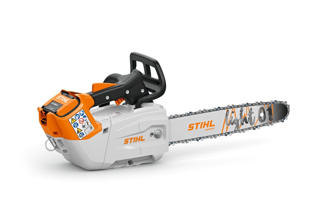 The Stihl MSA 190.0 T Cordless Chainsaw has an orange, white, and grey body, black handle, silver blade, on a white surface.