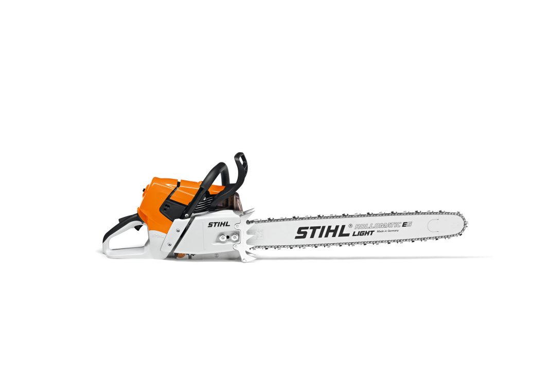 A Stihl MS 661 C-M 90cm/36" chainsaw with an orange and white body and a long silver blade on a white background.