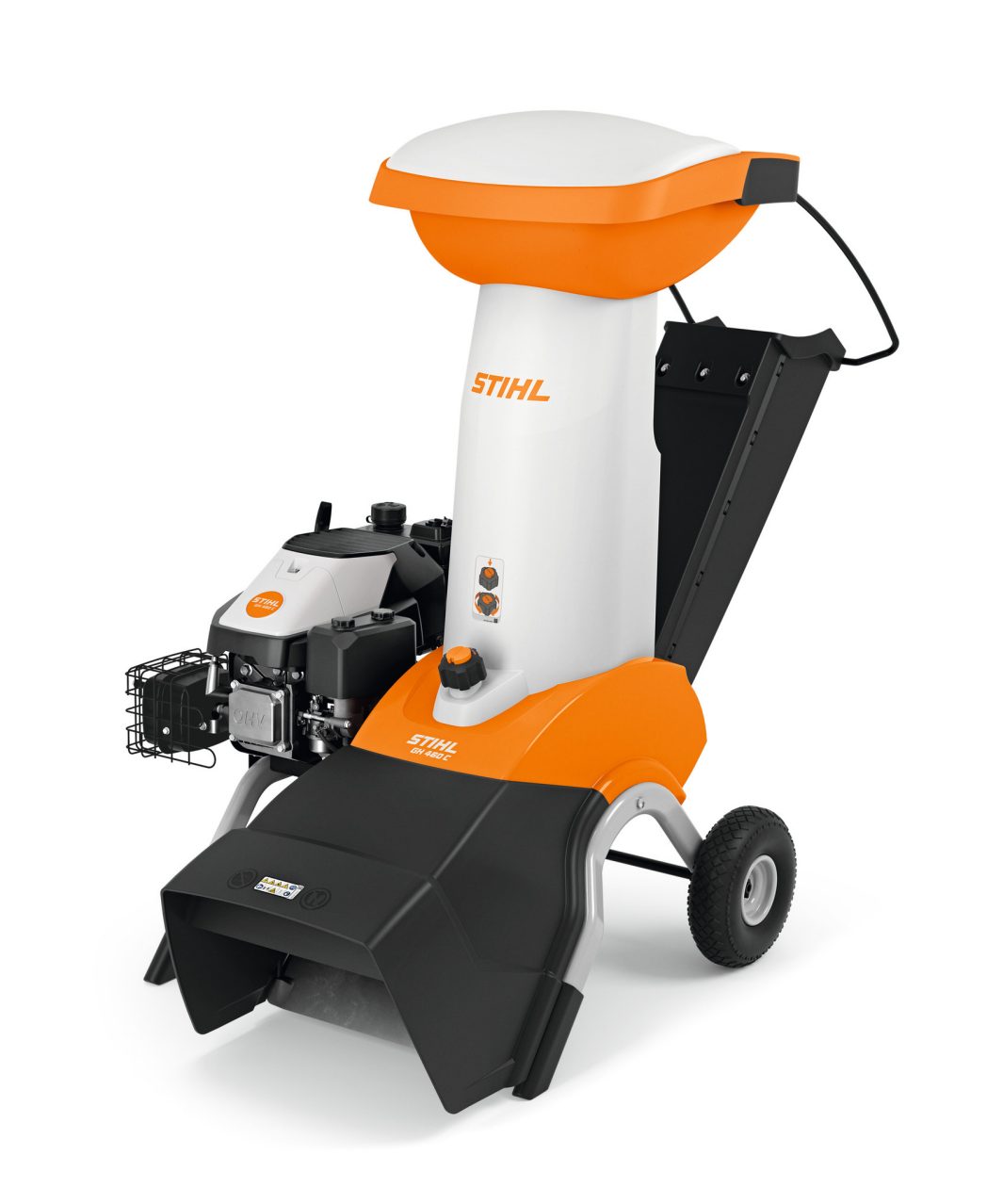 The Stihl GH 460.0 Shredder has a white and orange body, black chute, two wheels, control buttons, and an exposed side engine.